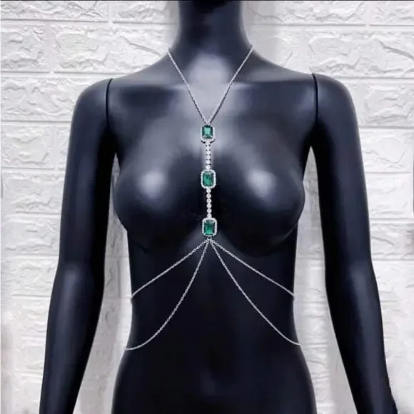 Emerald Silver Zircon Body Chain, Elegant, Classy, Minimalist, Punk - Picture 4 of 5